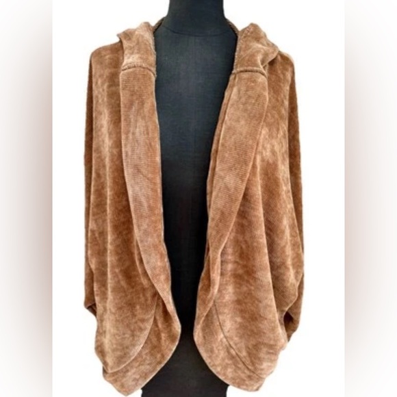 BB Dakota Brown Crushed Velvet Batwing Open Front‎ Hooded Casual Cardigan, M - Picture 1 of 10